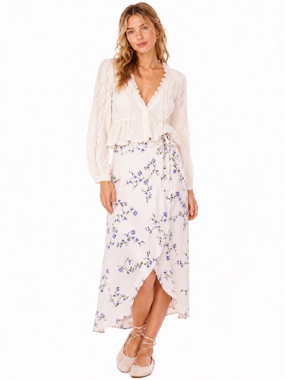 NWT Tobi White Blue Floral Wrap Midi Skirt Cottagecore Romantic Boho Small